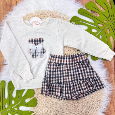 Conj. Blusa em Linho Ursinho com Laço e Short Saia Xadrez - Areia e Marrom